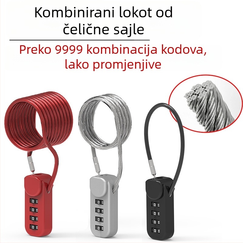 Brava sa šifrom za kacige, prtljagu i ormariće; metalni katanc s čeličnim kabelom protiv krađe za motocikle i električna vozila