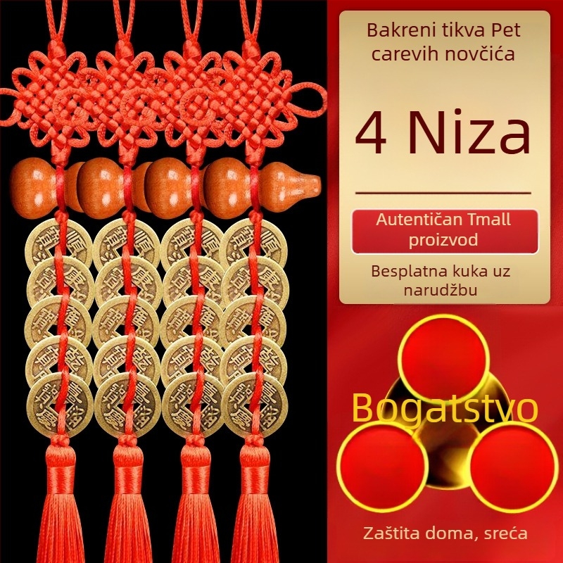 Autentični privjesak s mincom pet carstva od drveta marelice, privjesak u obliku tikve, bakrena moneta i kineski sretni čvor, za vrata, prozore, spavaću sobu i kuhinju