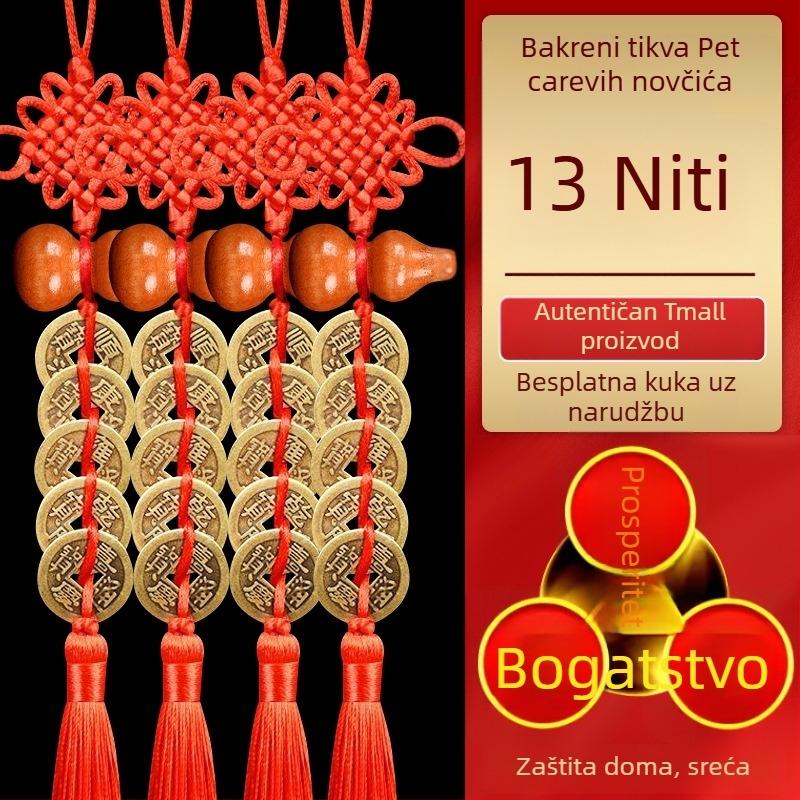 Autentični privjesak s mincom pet carstva od drveta marelice, privjesak u obliku tikve, bakrena moneta i kineski sretni čvor, za vrata, prozore, spavaću sobu i kuhinju