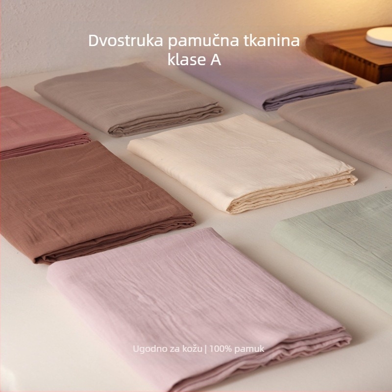Set posteljine od pamuka klase A, dvostruko pletena gaze, jednobojna boja, uključuje navlaku za pokrivač, plahtu i jastučiće