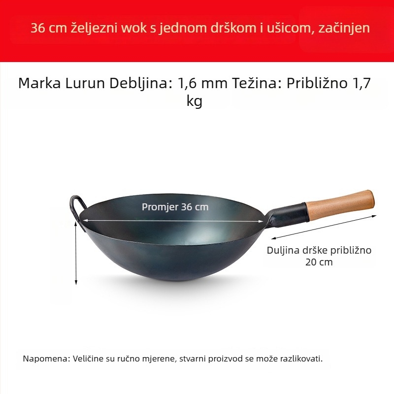 Lu Run wok od lijevanog željeza bez premaznog sloja, debelo dno, veliko kružno dno, za profesionalnu kuhinju