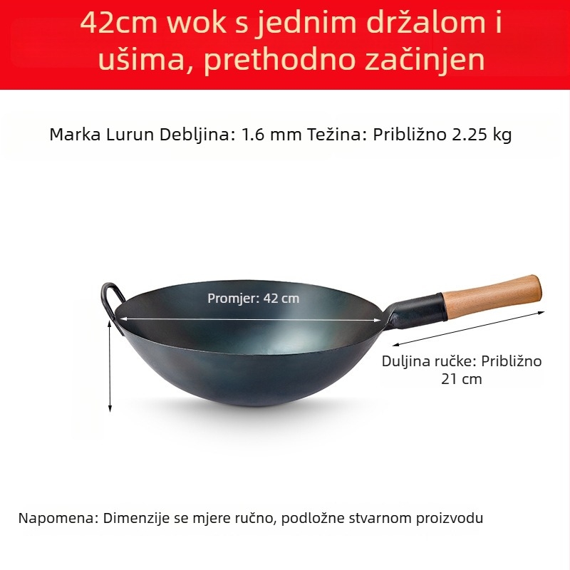 Lu Run wok od lijevanog željeza bez premaznog sloja, debelo dno, veliko kružno dno, za profesionalnu kuhinju