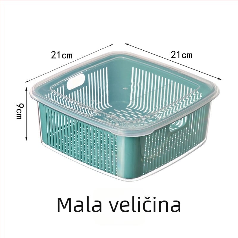 Kuhinjska dvostruka košara za ispiranje s poklopcem za pranje voća i povrća, veličina 25×25×11 cm, PET+PP