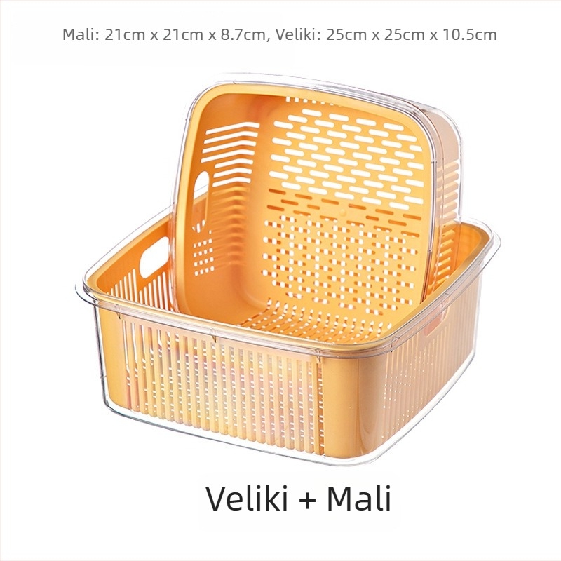 Kuhinjska dvostruka košara za ispiranje s poklopcem za pranje voća i povrća, veličina 25×25×11 cm, PET+PP