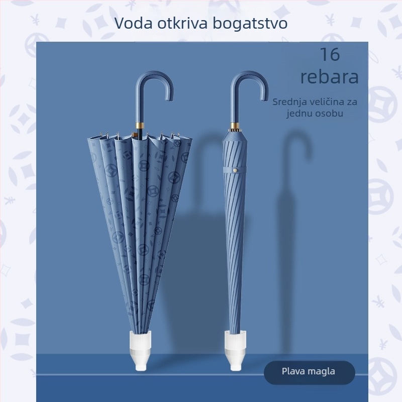 Kišobran s 24 rebara i zakrivljenom drškom, vodootporan, velik za dvoje, duga drška, poluautomatsko otvaranje, otporan na vjetar