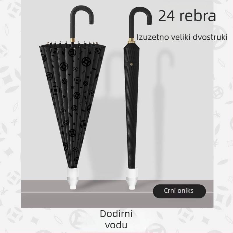 Kišobran s 24 rebara i zakrivljenom drškom, vodootporan, velik za dvoje, duga drška, poluautomatsko otvaranje, otporan na vjetar