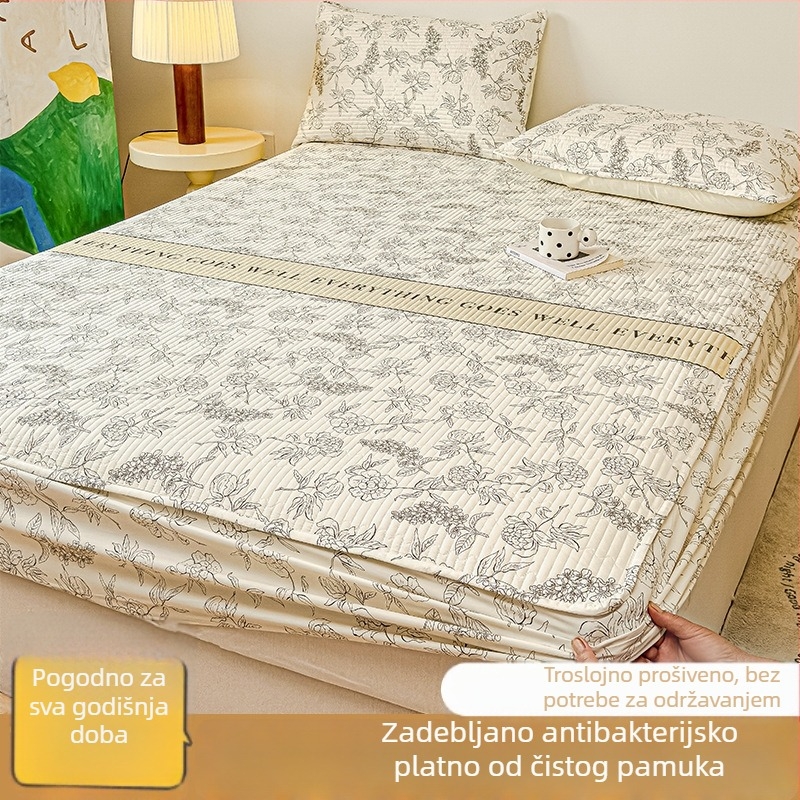 Trodijelni set od debelog pamuka s quiltom: elastična plahta s punjenjem od soje, navlaka za pokrivač i zaštitni madrac