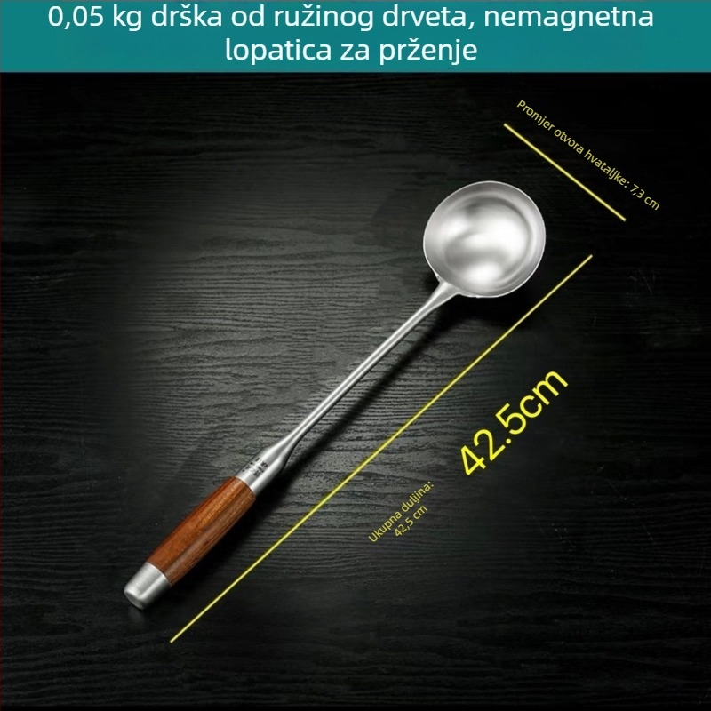 Žlica od nehrđajućeg čelika s drškom od rosewooda – duga drška, višenamjenska špahtuľa/žlica za wok, juhu i kašu