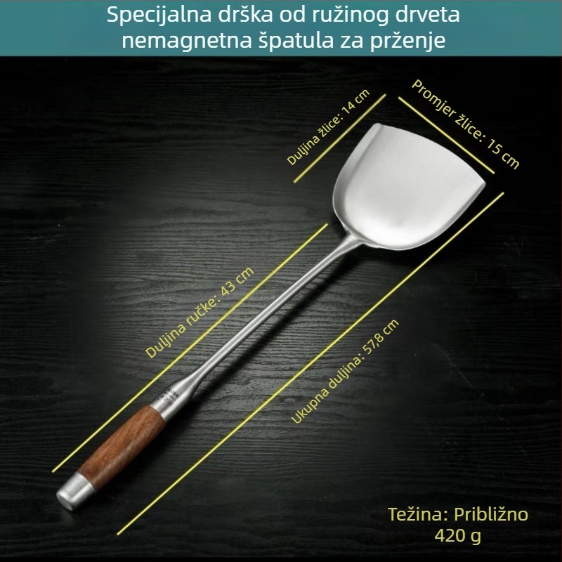 Žlica od nehrđajućeg čelika s drškom od rosewooda – duga drška, višenamjenska špahtuľa/žlica za wok, juhu i kašu