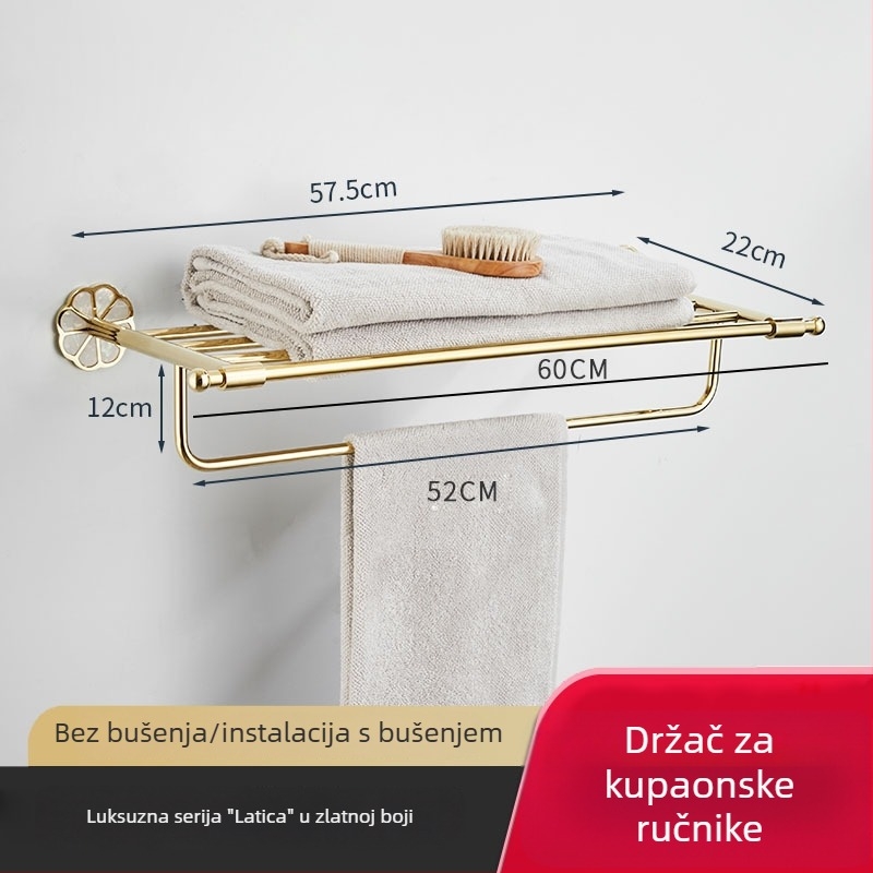 Moderna set za kupaonicu: držač za ručnike i polica za pohranu od nehrđajućeg čelika s elektroplakiranim završetkom, nosivost 20 kg