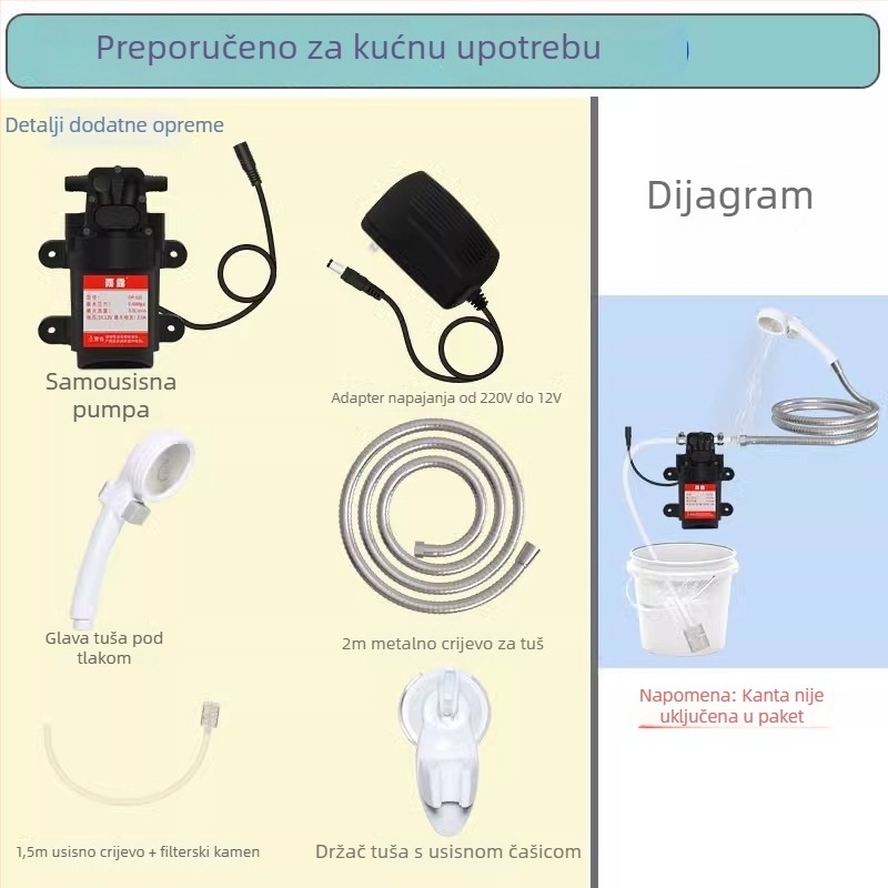 Samopodizna DC tuš pumpa, ABS kućište, pogodna za ruralne vanjske domove i gradilišta; uključuje 2 m metalni crijevo, 1,5 m cijev Ø10 mm, kamen filtrirajuće cijevi, stezaljka za cijev i vakuumska čašica