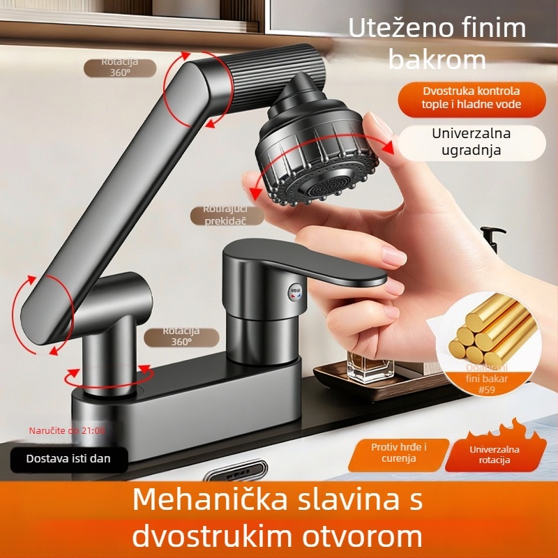 Bakrena slavina s mehaničkim ramom za umivaonik, dvostruka rupa, okretni mehanizam toplu i hladnu vodu, kupaonica s dizajnom sreće mačka