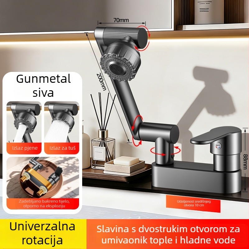 Bakrena slavina s mehaničkim ramom za umivaonik, dvostruka rupa, okretni mehanizam toplu i hladnu vodu, kupaonica s dizajnom sreće mačka