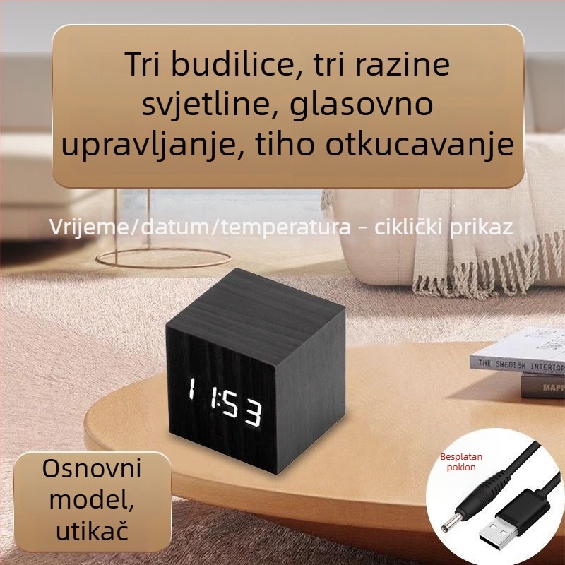 Drveni stolni sat s Bluetoothom, prikaz temperature, LED noćno svjetlo s glasovnim upravljanjem, višenamjenski minimalistički stolni sat