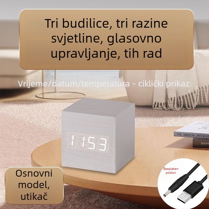 Drveni stolni sat s Bluetoothom, prikaz temperature, LED noćno svjetlo s glasovnim upravljanjem, višenamjenski minimalistički stolni sat