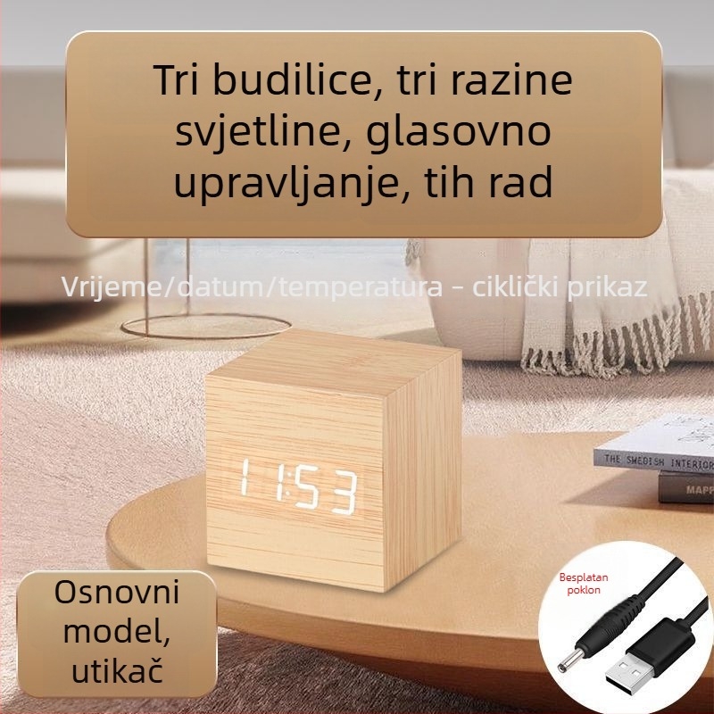 Drveni stolni sat s Bluetoothom, prikaz temperature, LED noćno svjetlo s glasovnim upravljanjem, višenamjenski minimalistički stolni sat
