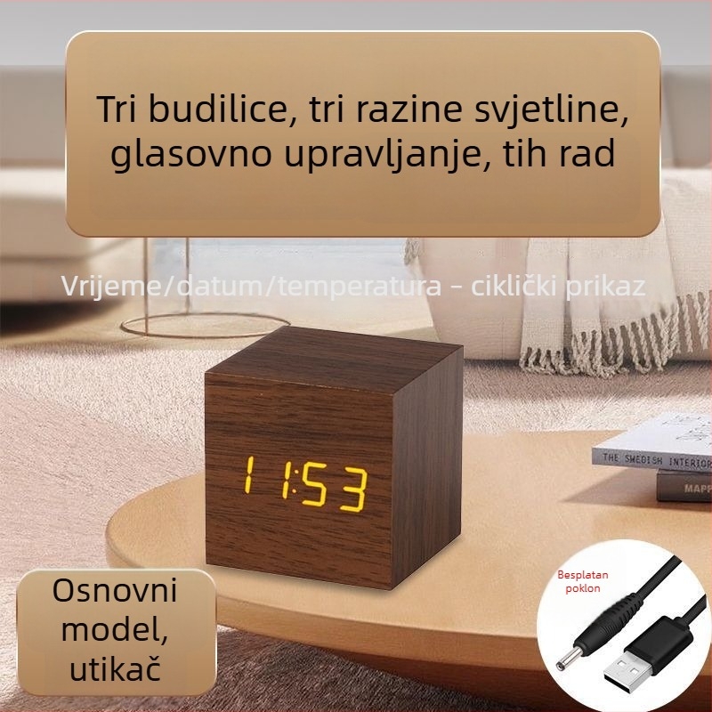 Drveni stolni sat s Bluetoothom, prikaz temperature, LED noćno svjetlo s glasovnim upravljanjem, višenamjenski minimalistički stolni sat