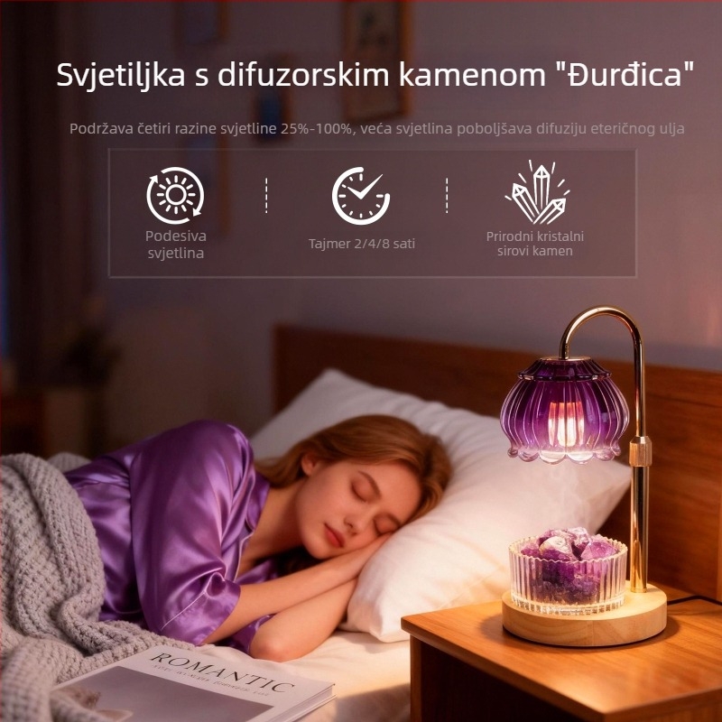 Lampa za taljenje voska sa tajmerom, prirodni difuzor mirisa od kamena, bez plamena, aromalampa s drvenom bazom i kristalnim elementom, ambijentalna noćna svjetiljka