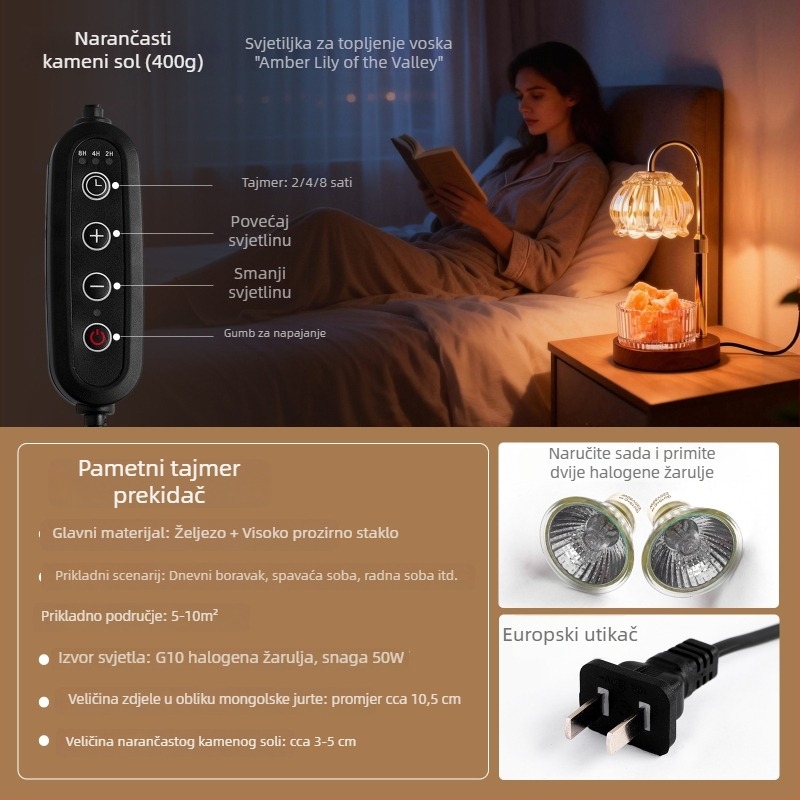 Lampa za taljenje voska sa tajmerom, prirodni difuzor mirisa od kamena, bez plamena, aromalampa s drvenom bazom i kristalnim elementom, ambijentalna noćna svjetiljka