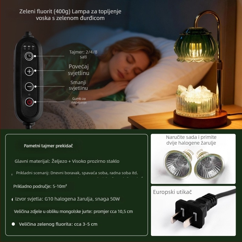 Lampa za taljenje voska sa tajmerom, prirodni difuzor mirisa od kamena, bez plamena, aromalampa s drvenom bazom i kristalnim elementom, ambijentalna noćna svjetiljka