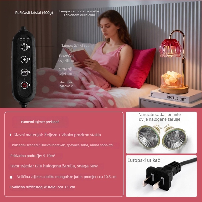 Lampa za taljenje voska sa tajmerom, prirodni difuzor mirisa od kamena, bez plamena, aromalampa s drvenom bazom i kristalnim elementom, ambijentalna noćna svjetiljka