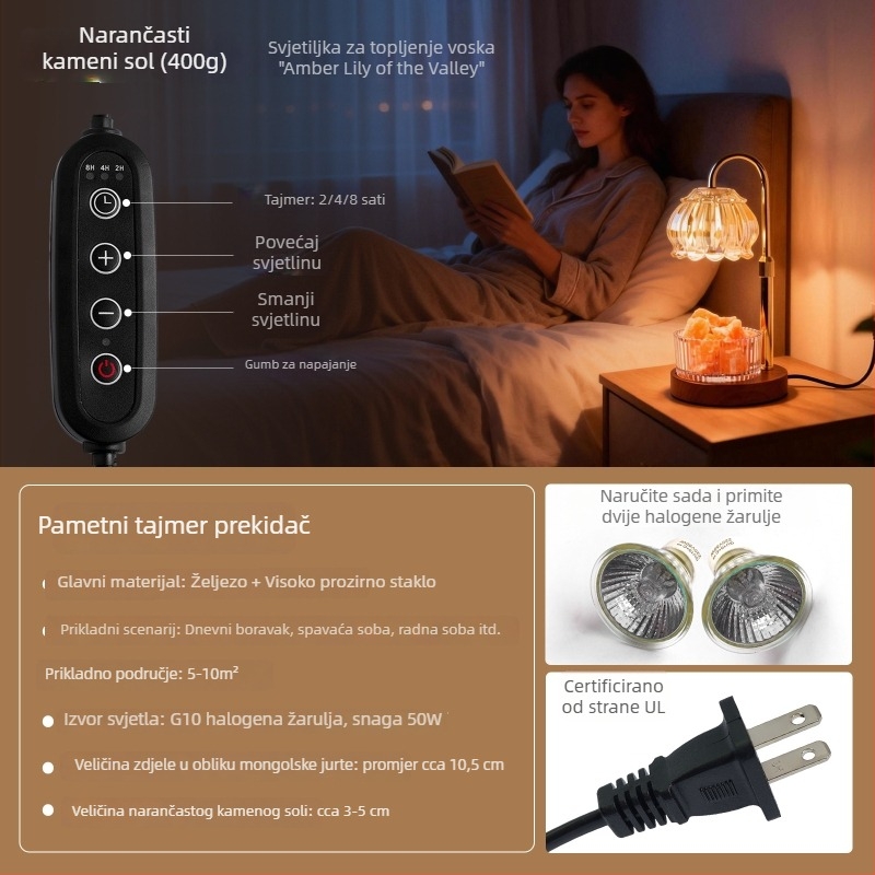 Lampa za taljenje voska sa tajmerom, prirodni difuzor mirisa od kamena, bez plamena, aromalampa s drvenom bazom i kristalnim elementom, ambijentalna noćna svjetiljka