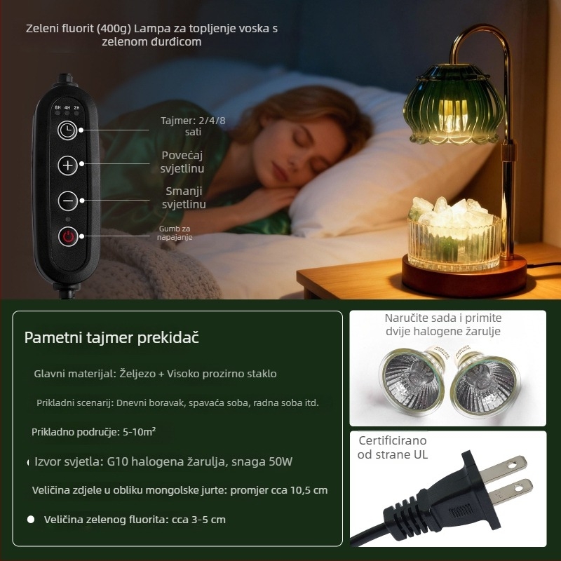 Lampa za taljenje voska sa tajmerom, prirodni difuzor mirisa od kamena, bez plamena, aromalampa s drvenom bazom i kristalnim elementom, ambijentalna noćna svjetiljka