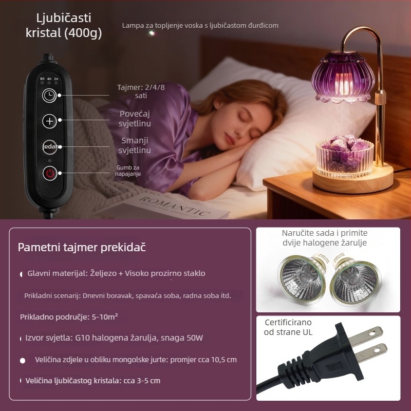 Lampa za taljenje voska sa tajmerom, prirodni difuzor mirisa od kamena, bez plamena, aromalampa s drvenom bazom i kristalnim elementom, ambijentalna noćna svjetiljka