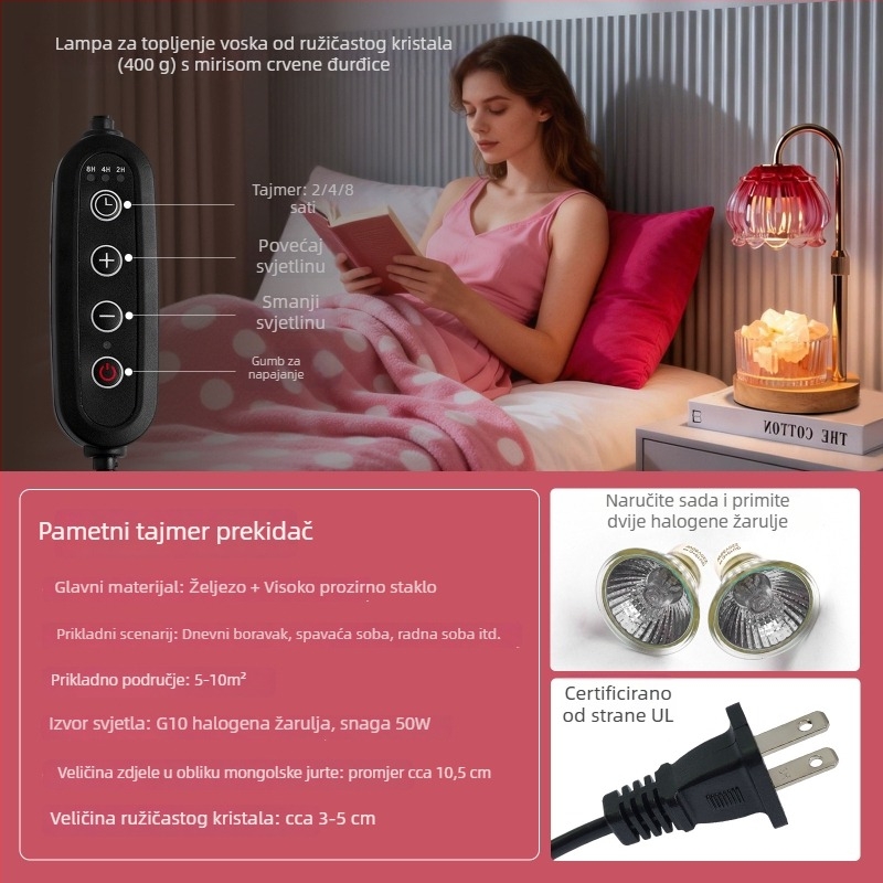 Lampa za taljenje voska sa tajmerom, prirodni difuzor mirisa od kamena, bez plamena, aromalampa s drvenom bazom i kristalnim elementom, ambijentalna noćna svjetiljka