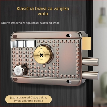 Unutarnja i vanjska starinska protiv-krađa brava za vrata, crveno-brončane boje, željezna, za drvena i metalna vrata te garažna vrata, s trostrukim križnim mehanizmom zaključavanja.