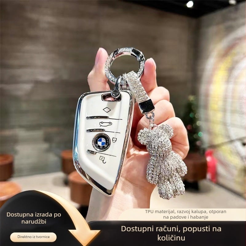 Zaštitni poklopac za ključ BMW za serije 3/5 i X1/X3/X5 s kristalima i privjeskom medvjedićem