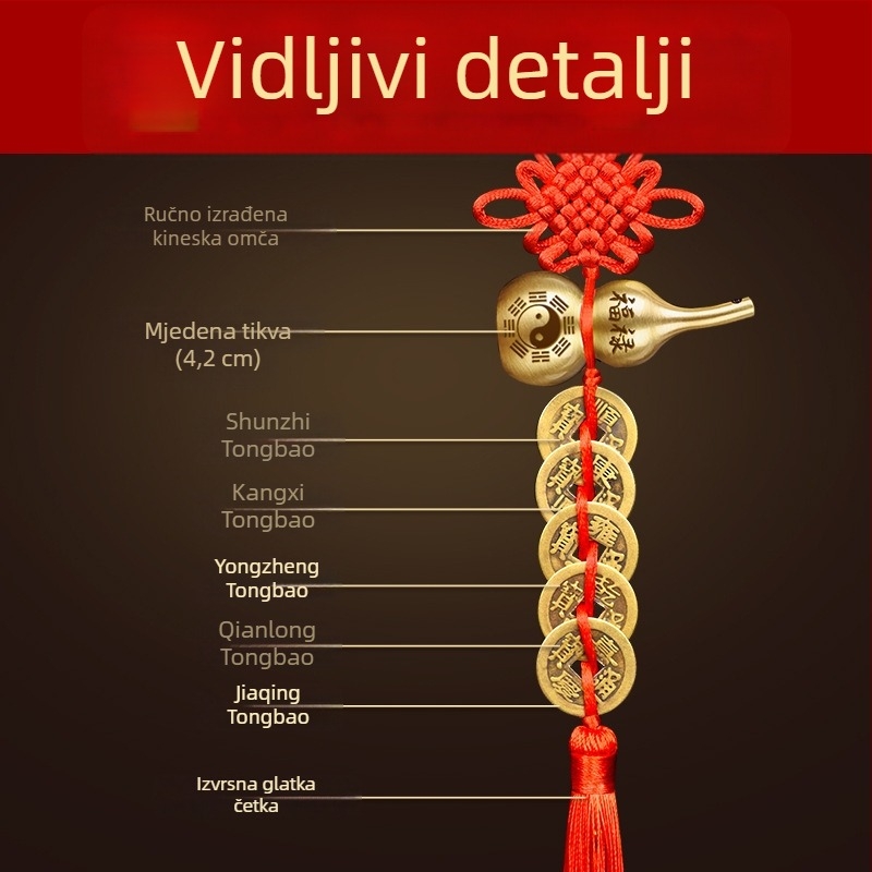 Brončani ukras za vrata s pet carevskih novčića, motivi Bagua i tikva, kineski čvor i cinnabar privjesak