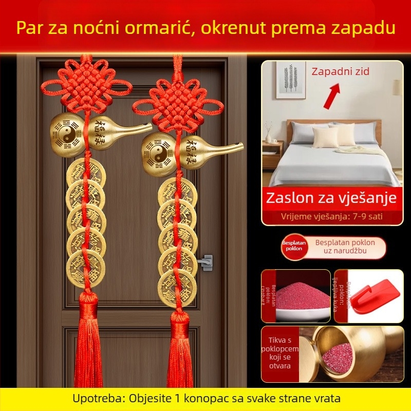 Brončani ukras za vrata s pet carevskih novčića, motivi Bagua i tikva, kineski čvor i cinnabar privjesak