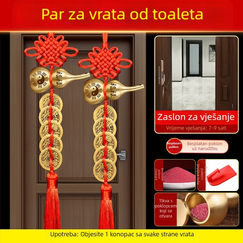 Brončani ukras za vrata s pet carevskih novčića, motivi Bagua i tikva, kineski čvor i cinnabar privjesak