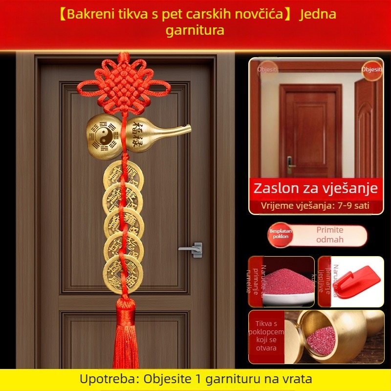 Brončani ukras za vrata s pet carevskih novčića, motivi Bagua i tikva, kineski čvor i cinnabar privjesak