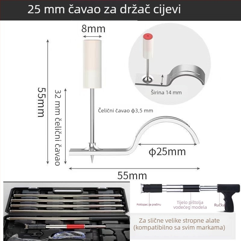 M8 univerzalni pneumatski čavli za strop s držačima cijevi 20/25 mm i držačima za kabel – integrirani stropni nosači