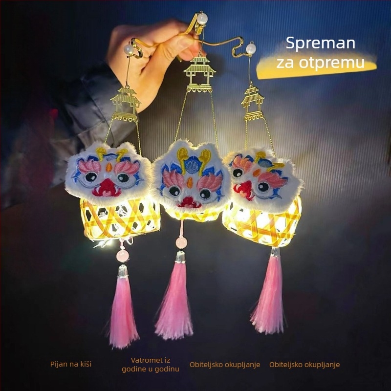 Izšiven bambusni lampion sa svjetlom, motiv ples lava, mali prenosni lampion za proljetni festival, antički stil