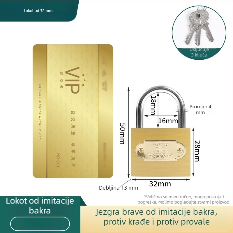Bakreni lokot, univerzalni lokot za vrata, ure i ormariće, s ključem, malenog formata