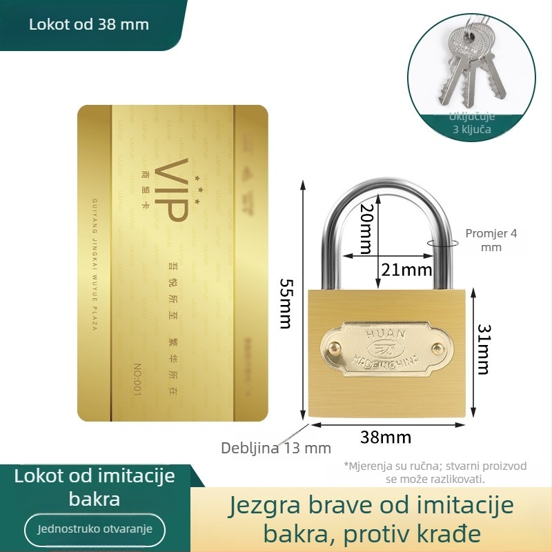 Bakreni lokot, univerzalni lokot za vrata, ure i ormariće, s ključem, malenog formata