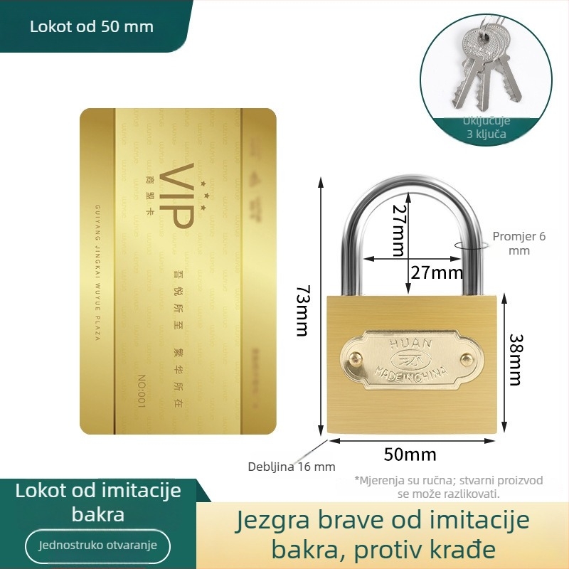 Bakreni lokot, univerzalni lokot za vrata, ure i ormariće, s ključem, malenog formata