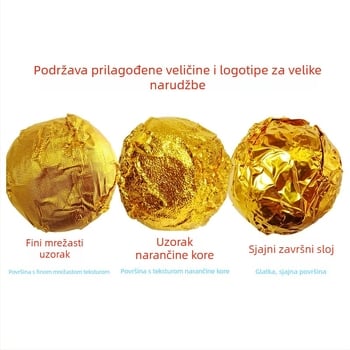 Zlatno aluminijska folija za omatanje čokoladnih bombona i sezam kuglica, sjajna površina, fina karirana šara i tekstura korice naranče