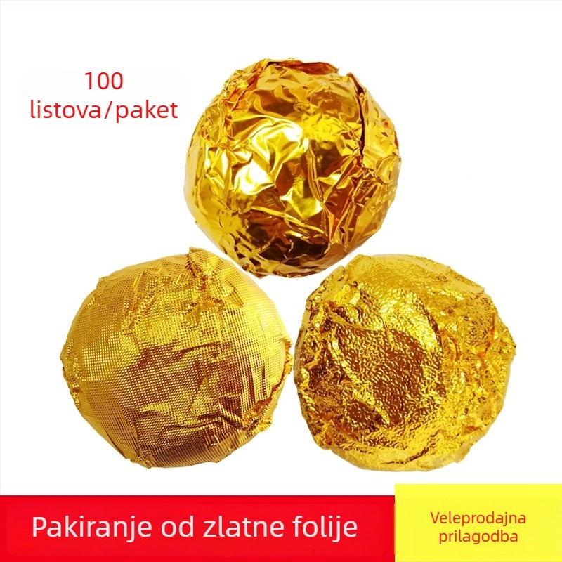 Zlatno aluminijska folija za omatanje čokoladnih bombona i sezam kuglica, sjajna površina, fina karirana šara i tekstura korice naranče