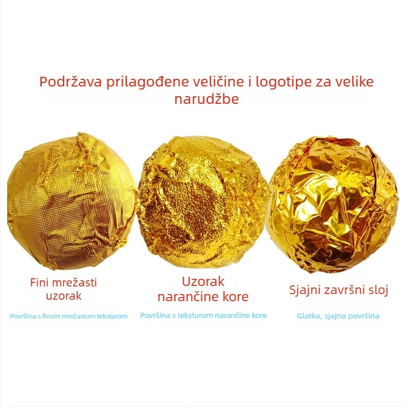 Zlatno aluminijska folija za omatanje čokoladnih bombona i sezam kuglica, sjajna površina, fina karirana šara i tekstura korice naranče
