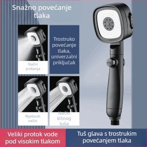 Tuš glava s pojačanim tlakom, ABS materijal, funkcija kiše, samostalna ugradnja, kompatibilno s bojlerom, moderan minimalistički dizajn, četvrtasti oblik