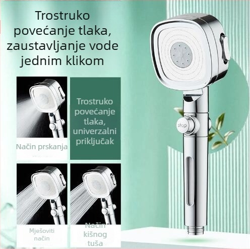 Tuš glava s pojačanim tlakom, ABS materijal, funkcija kiše, samostalna ugradnja, kompatibilno s bojlerom, moderan minimalistički dizajn, četvrtasti oblik