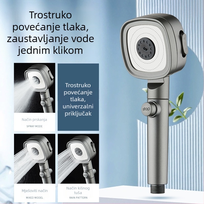 Tuš glava s pojačanim tlakom, ABS materijal, funkcija kiše, samostalna ugradnja, kompatibilno s bojlerom, moderan minimalistički dizajn, četvrtasti oblik