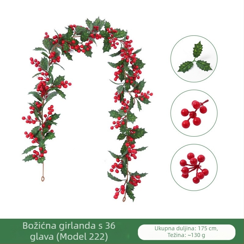 Umjetne božićne crvene bobice na ratanom vijencu omotane borovim iglicama, dekor za dom