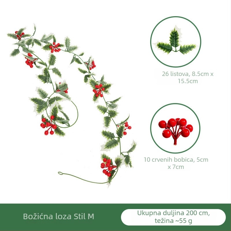 Umjetne božićne crvene bobice na ratanom vijencu omotane borovim iglicama, dekor za dom