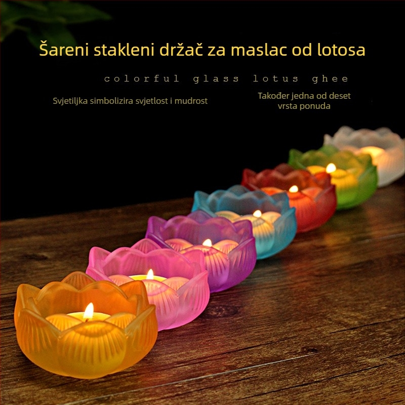 Šareni stakleni držač maslene lampe s lotosom – 7 komada za buddhistički oltar