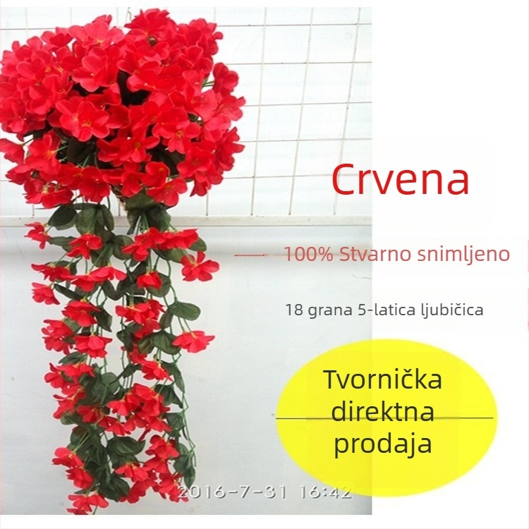 Set umjetnih cvjetova za zidnu dekoraciju: viseća biljka pauk, velike cvjetne glavice hortenzije, plastični umjetni cvjetovi i zelene loze